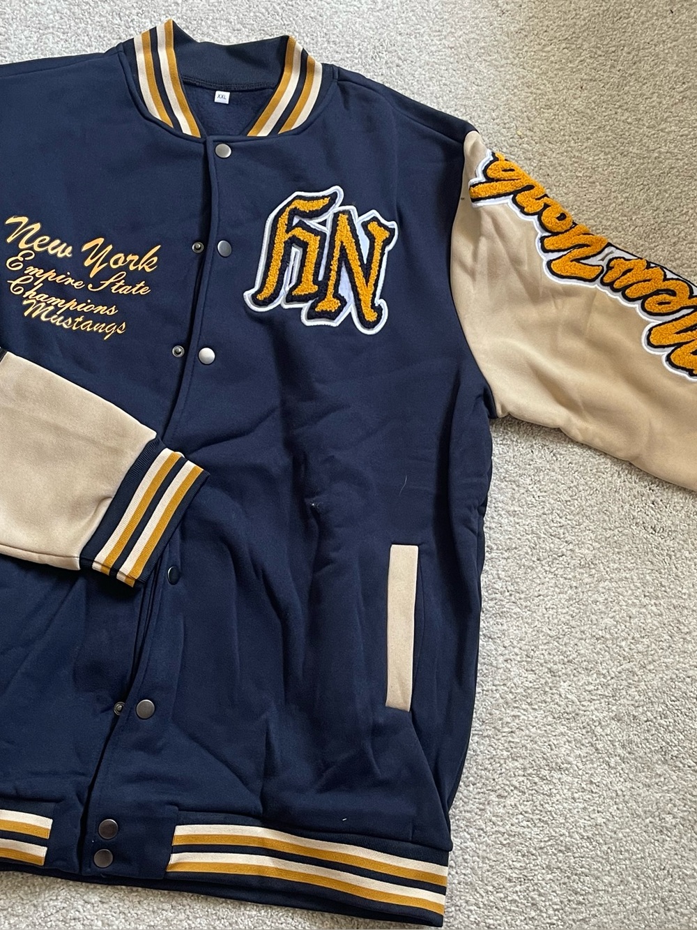 Navy & Cream Letterman Jacket with Gold Embroidery